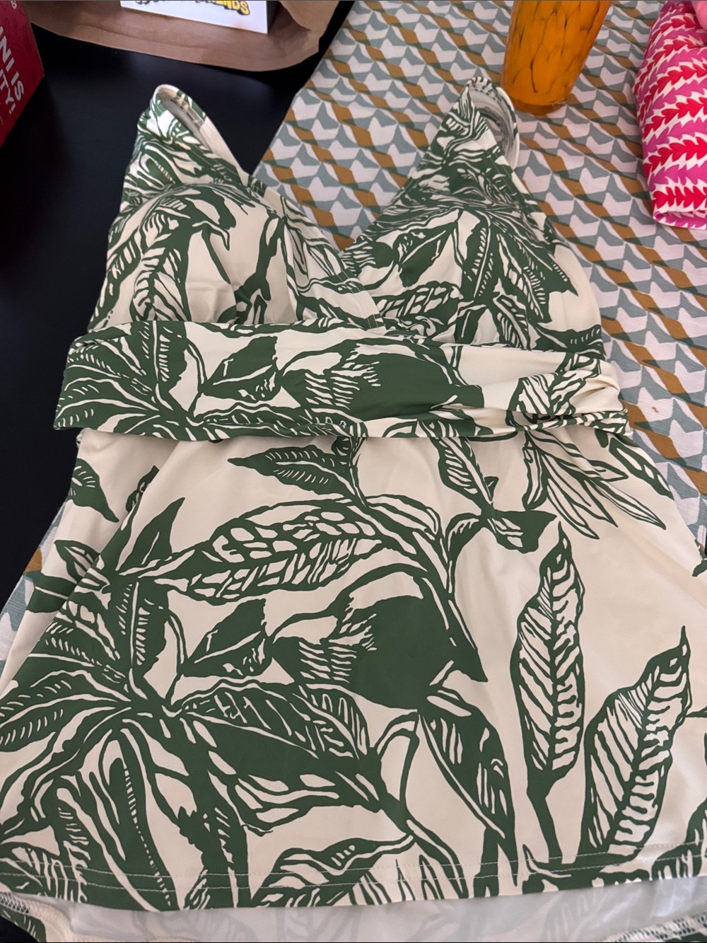 Lands' End Green Leaf Print Swim Camisole on Cream